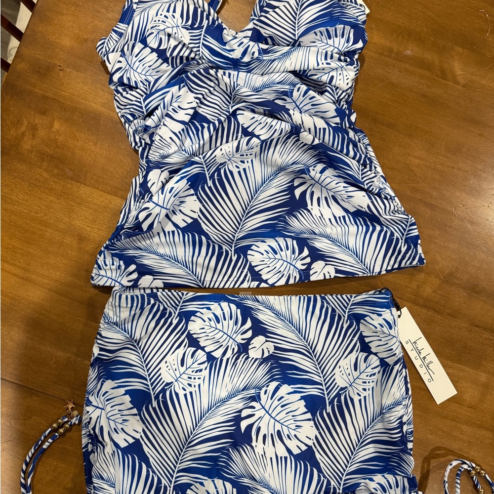 Nicole Miller Blue and White Leaf Print Swim Set